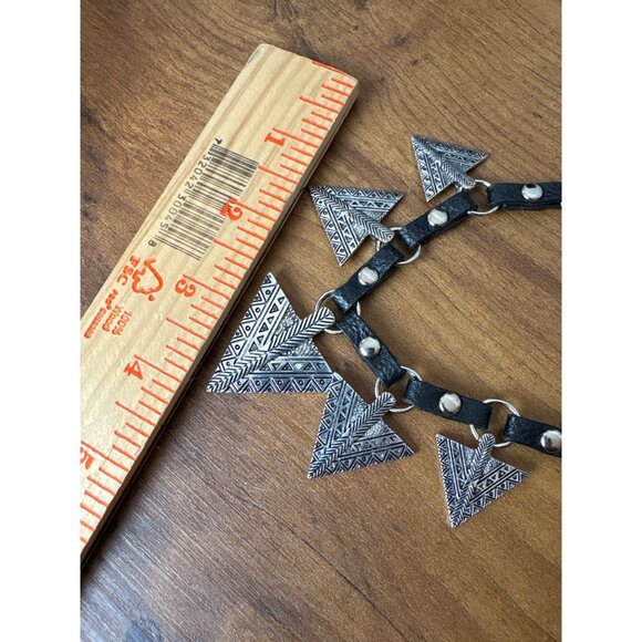 Boho Statement Necklace Silver Tone Triangles Black Tassels Adjustable Chain - Picture 9 of 9